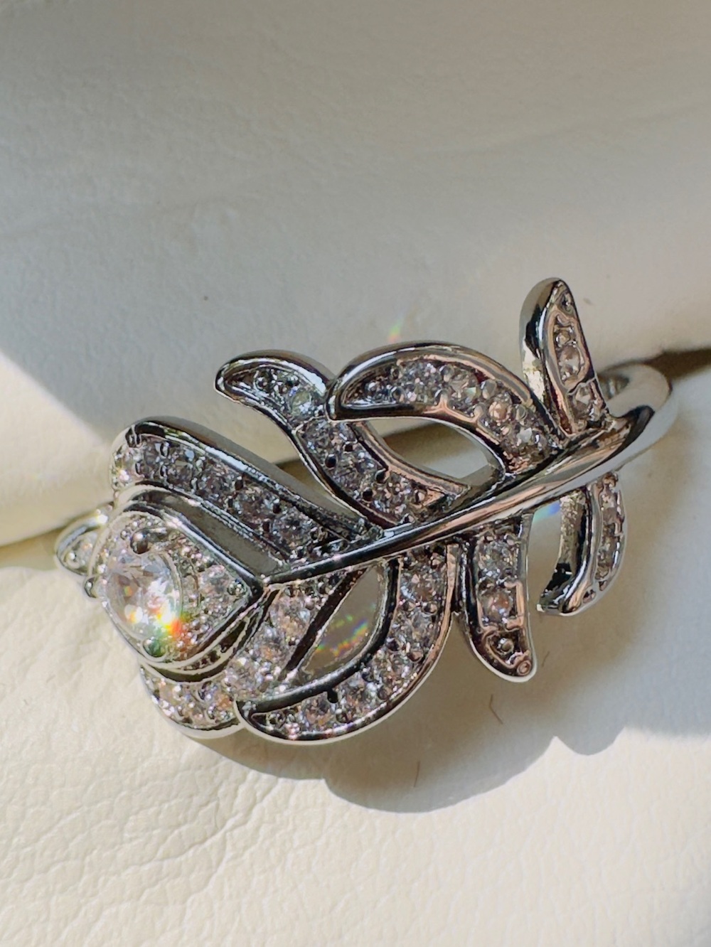 Silver Feather Crystal Cocktail Ring - Sparkling White Stones